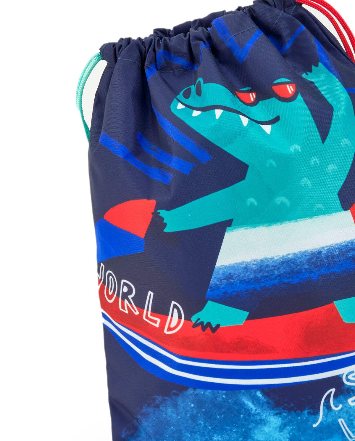 Mochila para niño en azul con estampado de cocodrilo surfeando