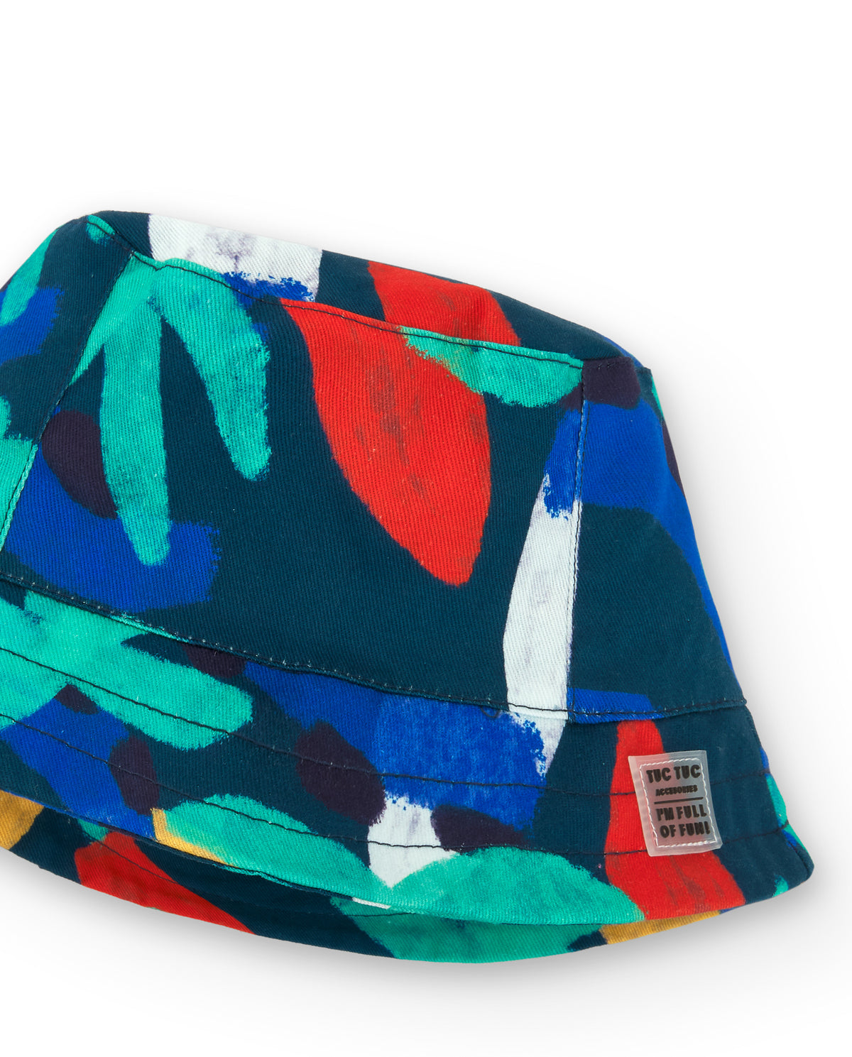 Gorro de plana para niño en azul con estampado multicolor