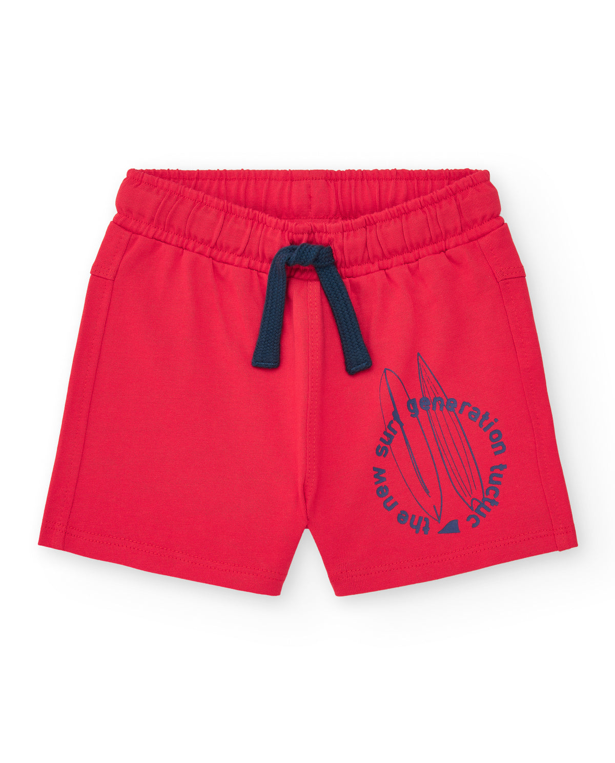 Bermuda para niño en rojo con estampado de tablas y cintura