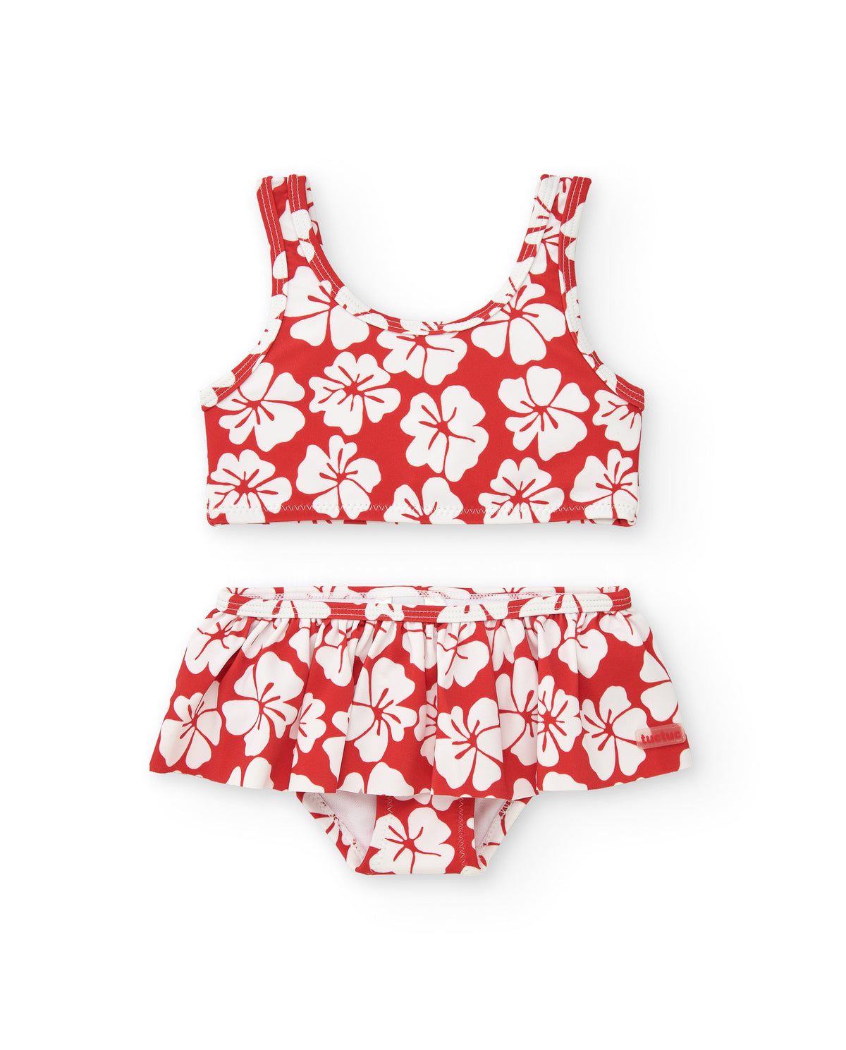 Bikini para niña en rojo con estampado floral y volante