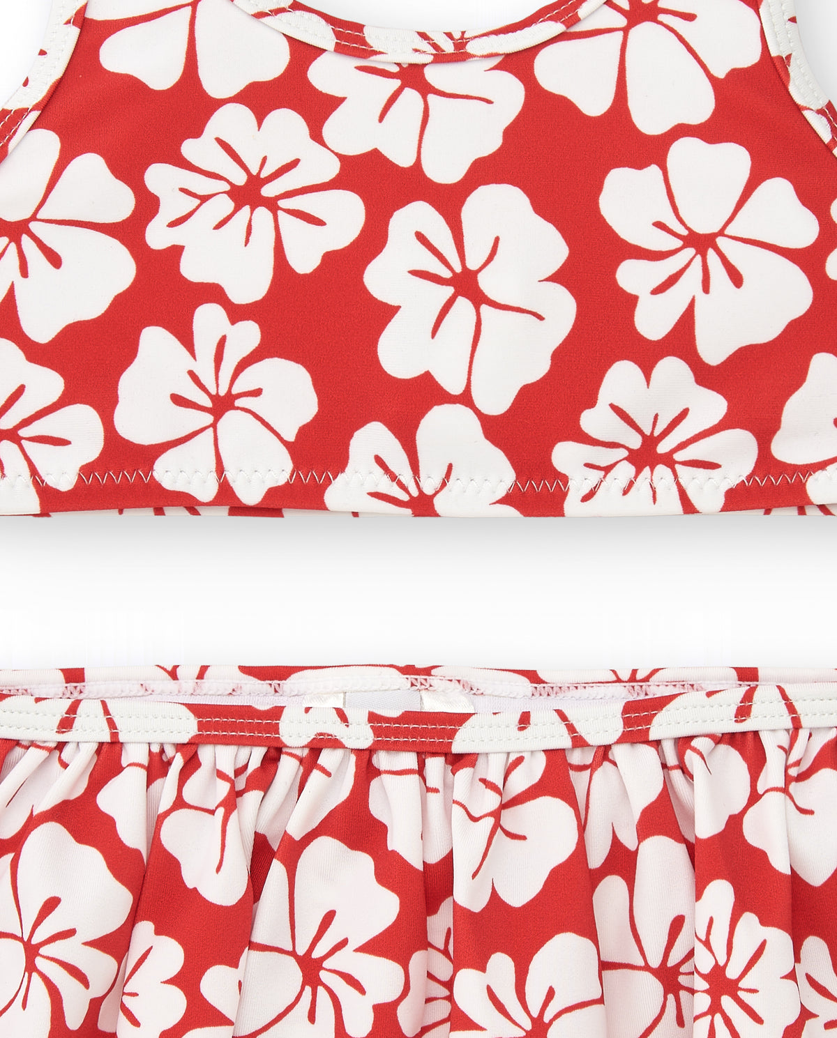 Bikini para niña en rojo con estampado floral y volante