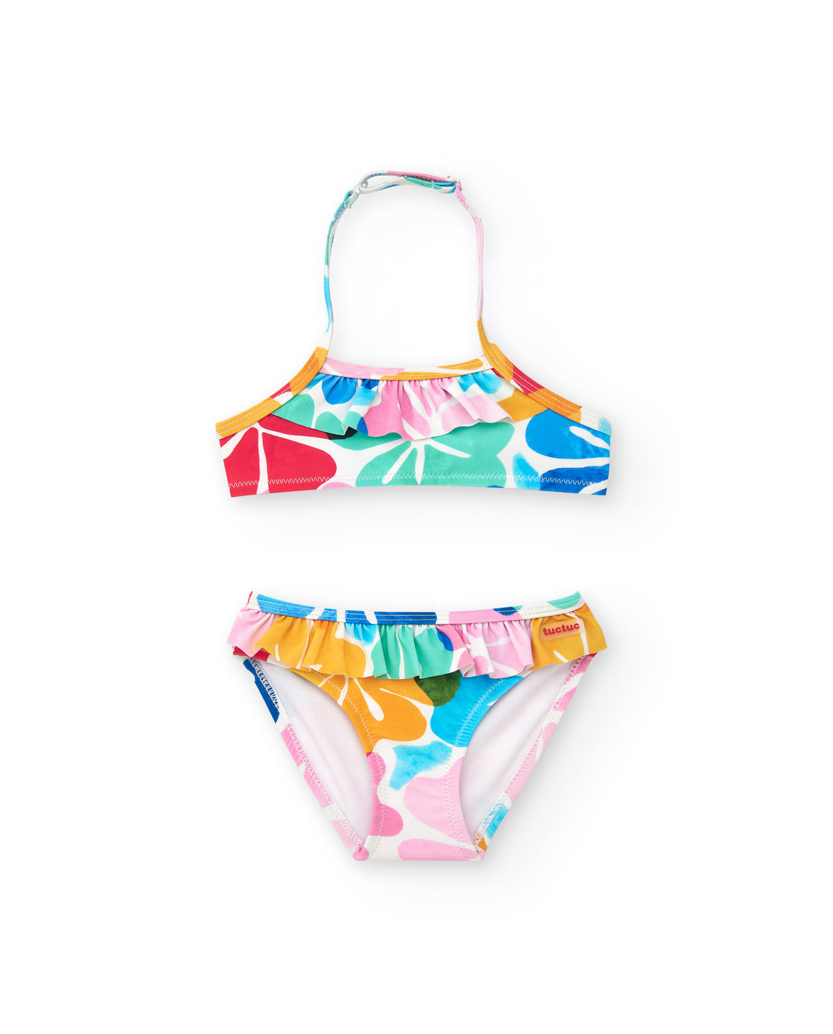 Bikini para niña en azul con estampado floral y volantes