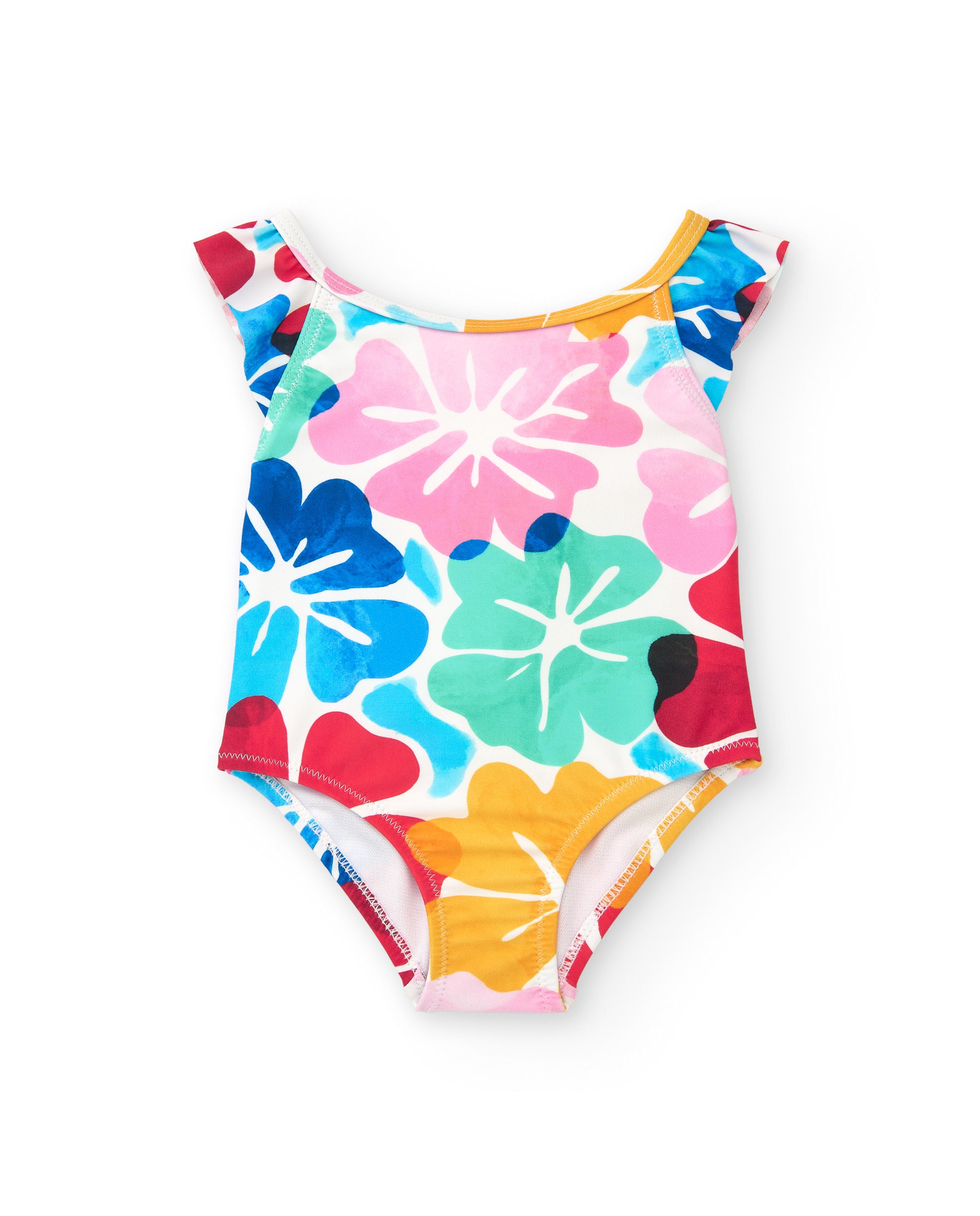 Bañador para niña en blanco con estampado floral y volantes