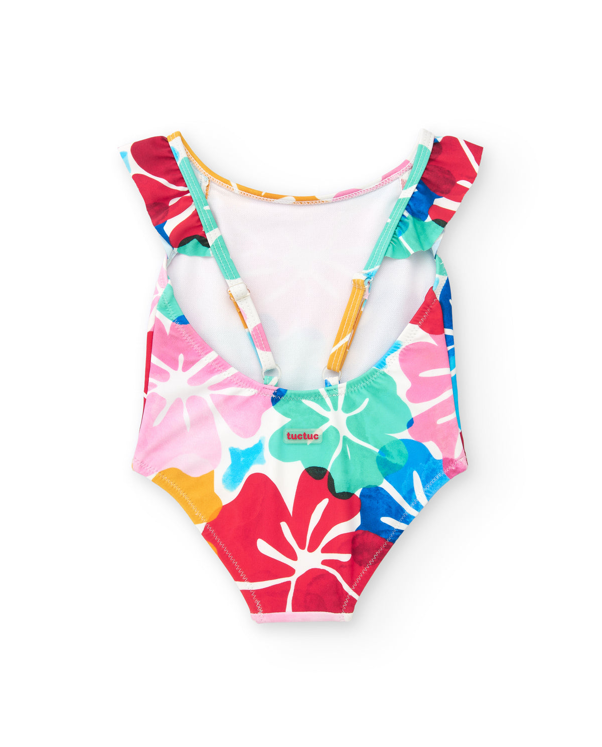 Bañador para niña en blanco con estampado floral y volantes