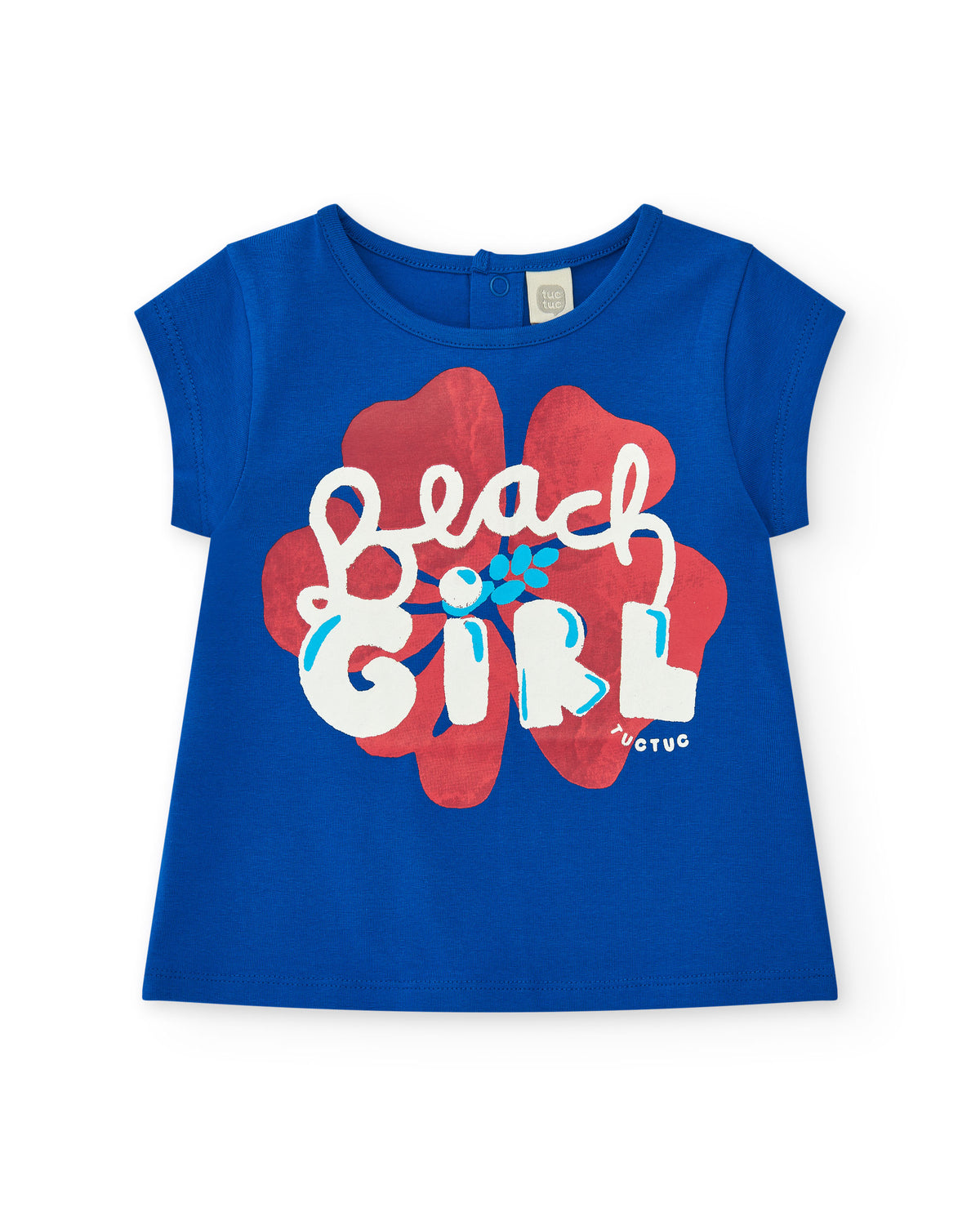 Camiseta para niña en azul con estampado "Beach Girl" y cierre