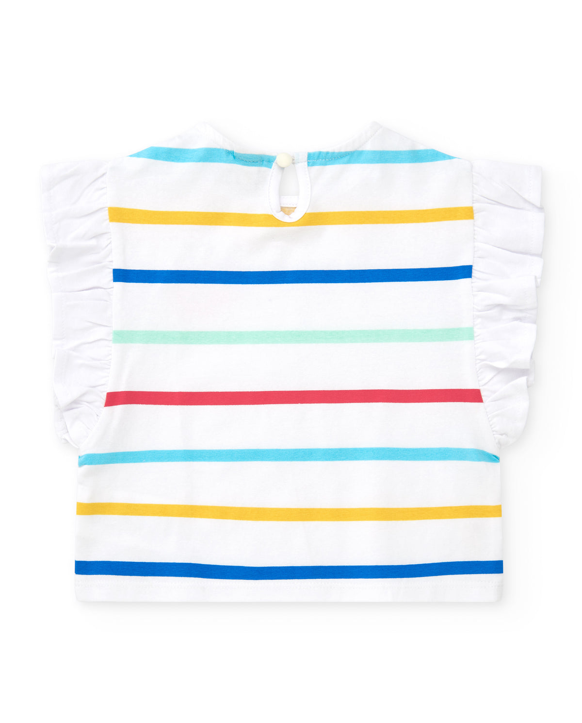 Camiseta para niña en blanco con rayas multicolor y volantes