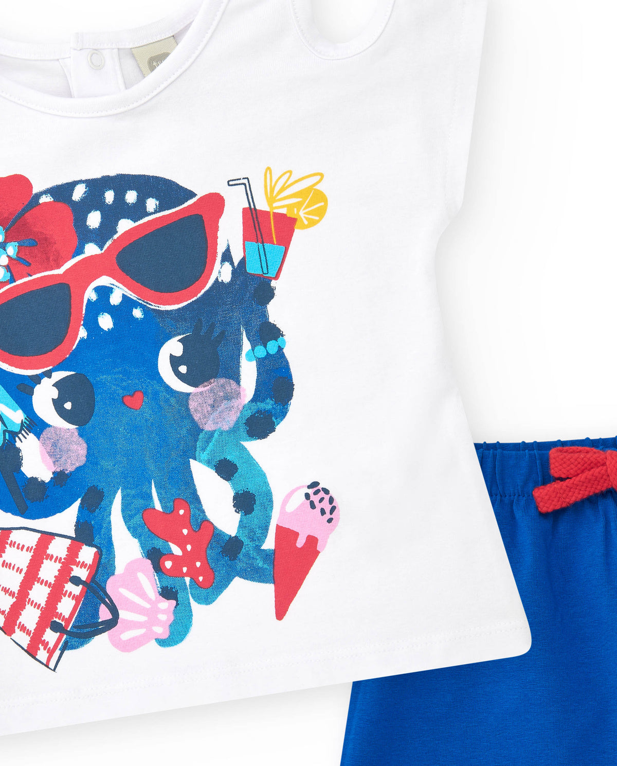Conjunto para niña con camiseta de pulpo y short azul con lazo