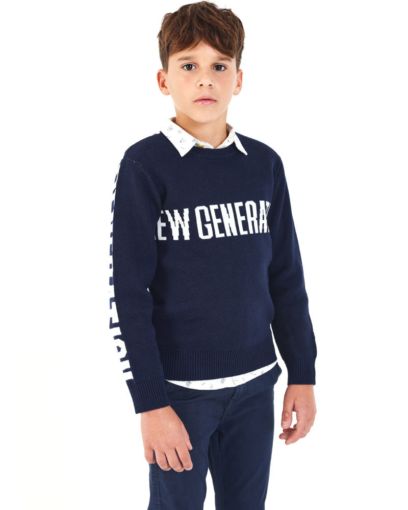 Jersey azul marino con texto "New Generation" para niño