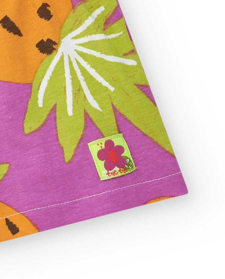 Pantalón corto tropical para niña en morado y naranja con frutas