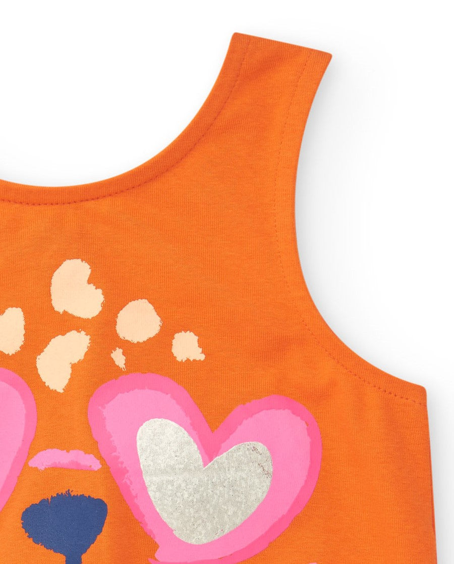 Camiseta naranja sin mangas para niña con cara de gato y detalles metálicos