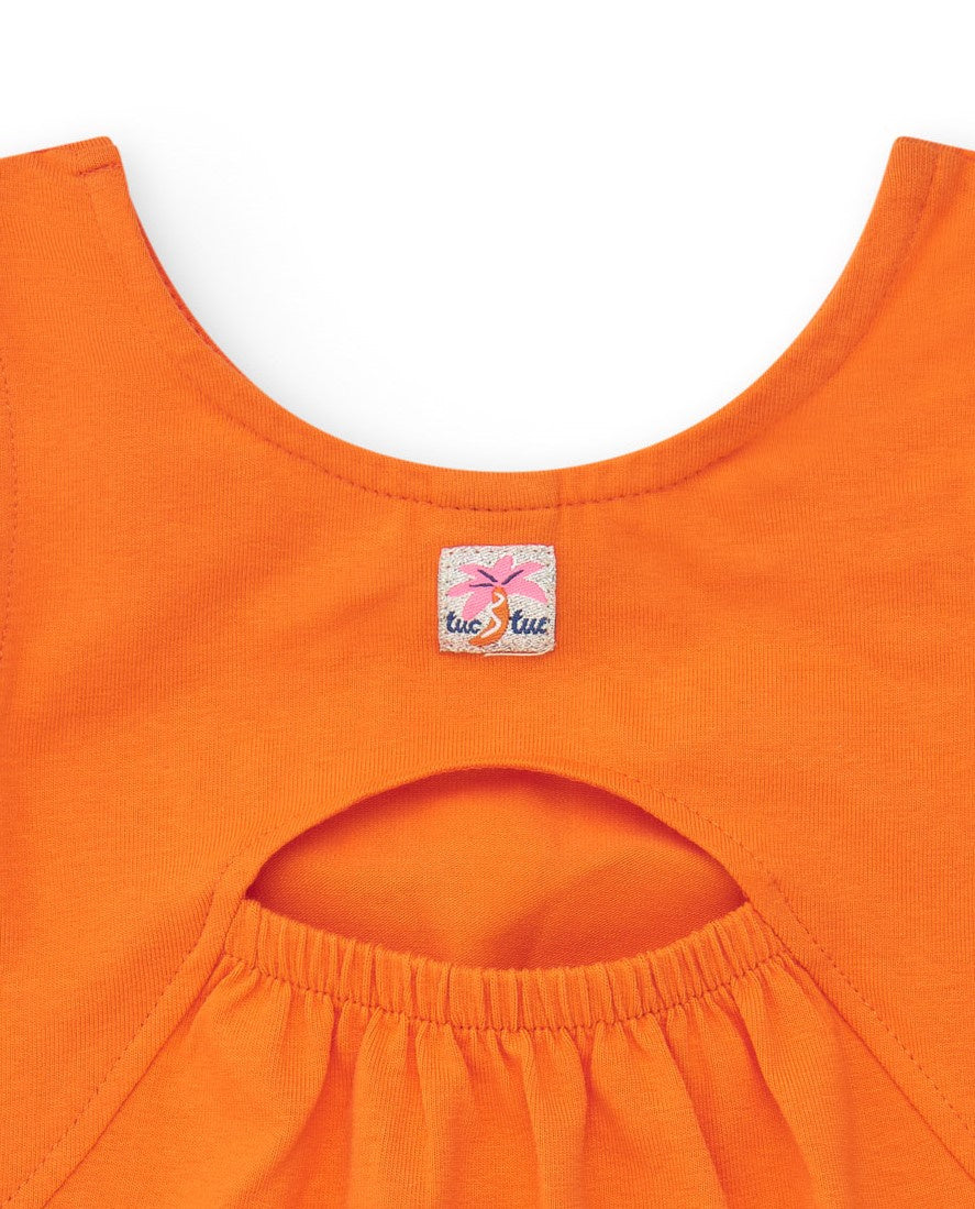 Camiseta naranja sin mangas para niña con cara de gato y detalles metálicos