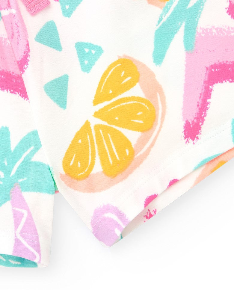 Pantalón corto multicolor para niña con frutas tropicales y cintura ajustable