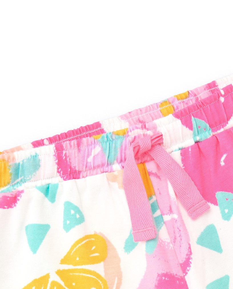 Pantalón corto multicolor para niña con frutas tropicales y cintura ajustable