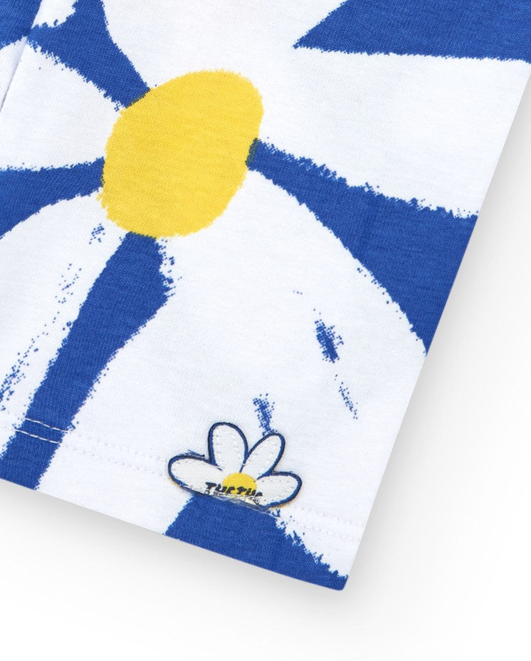 Legging ciclista para niña en blanco con flores azules y amarillas
