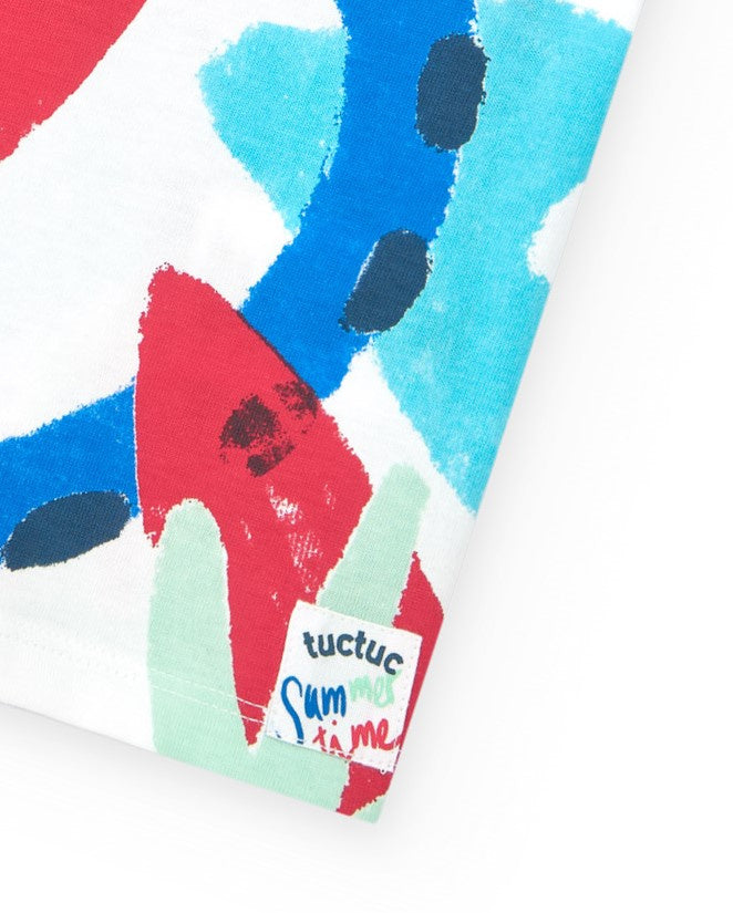 Camiseta para niño en blanco con estampado veraniego y cierre en el hombro