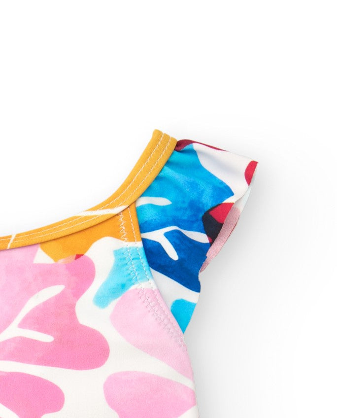 Bañador para niña en blanco con estampado floral y volantes