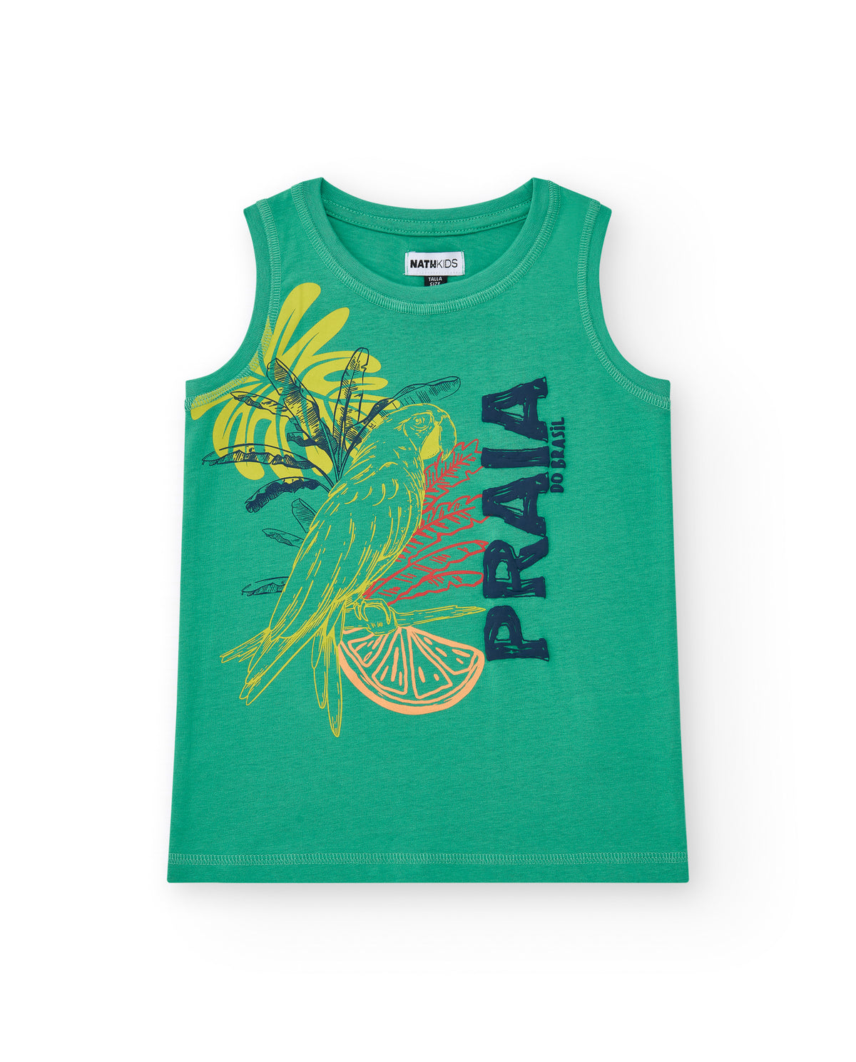 Camiseta sin mangas para niño en verde con estampado tropical