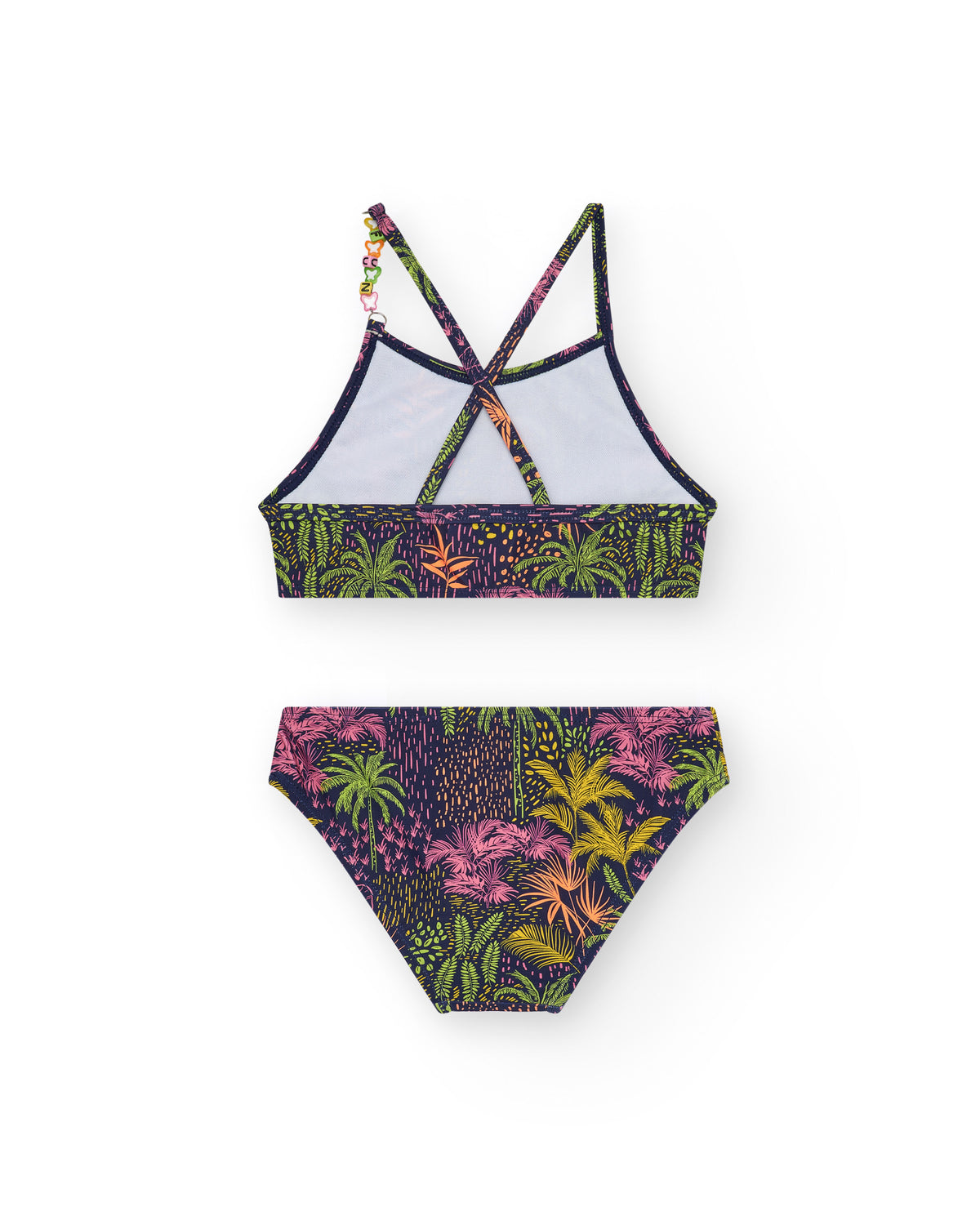Bikini para niña en azul marino con tirantes y estampado