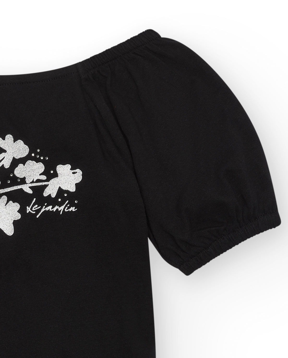 Camiseta de manga corta para niña en negro y mangas abullonadas