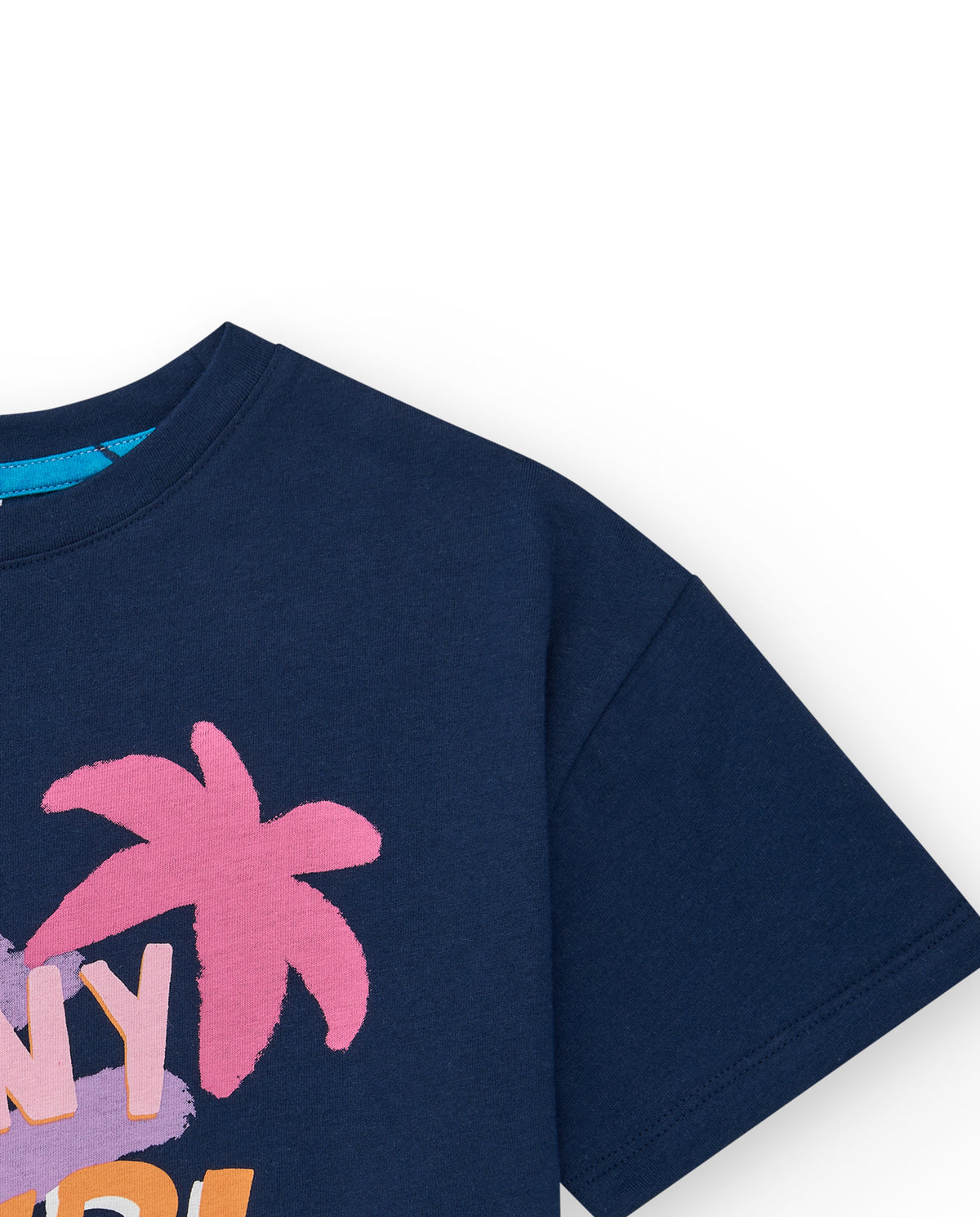 Camiseta para niña en azul de manga corta con estampado tropical