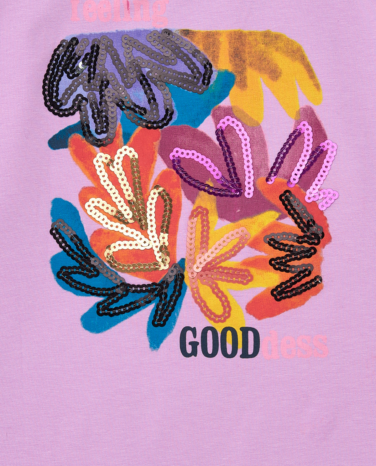 Camiseta para niña en lila con lentejuelas y dobladillo curvo