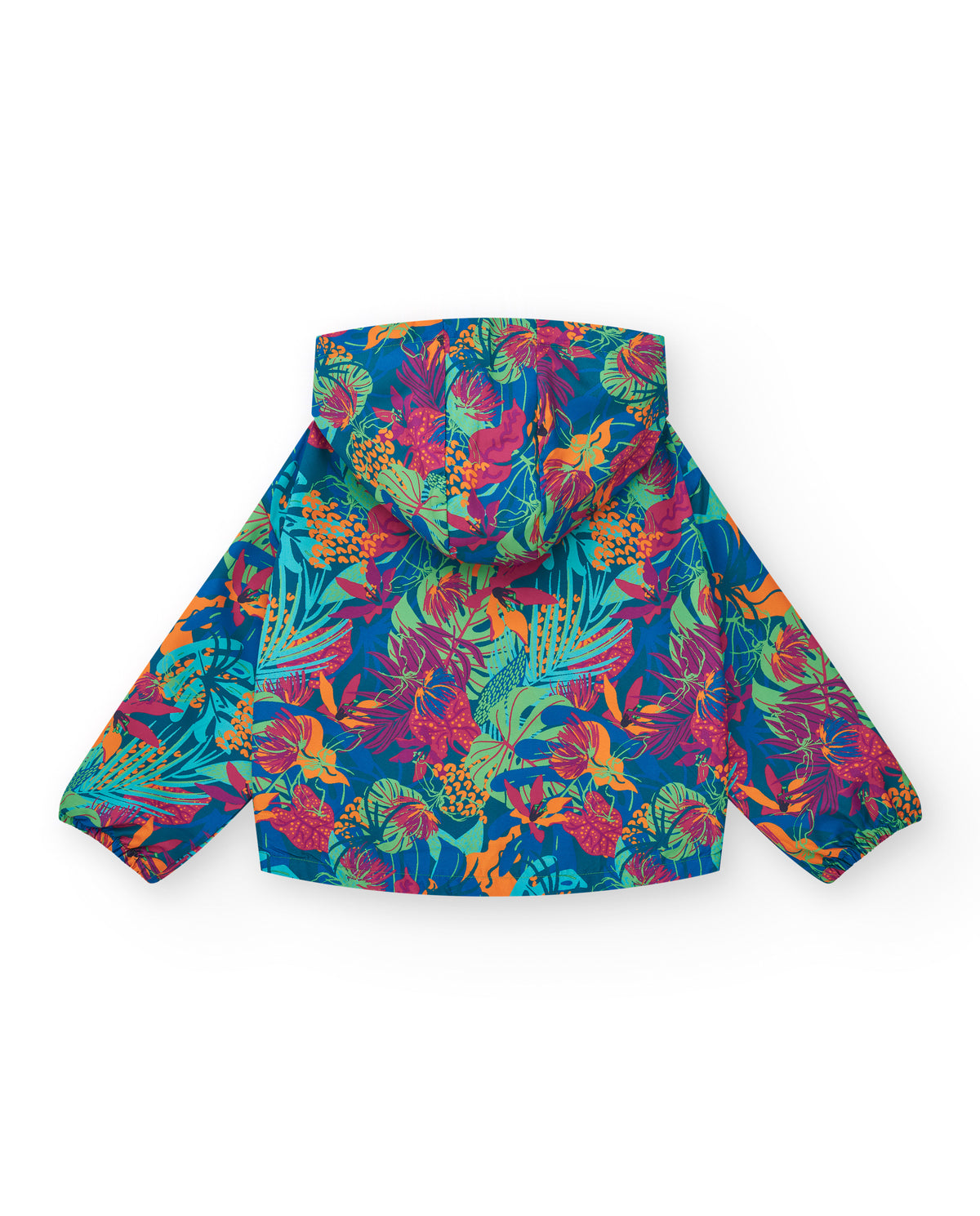 Cortavientos para niña con estampado tropical con capucha y