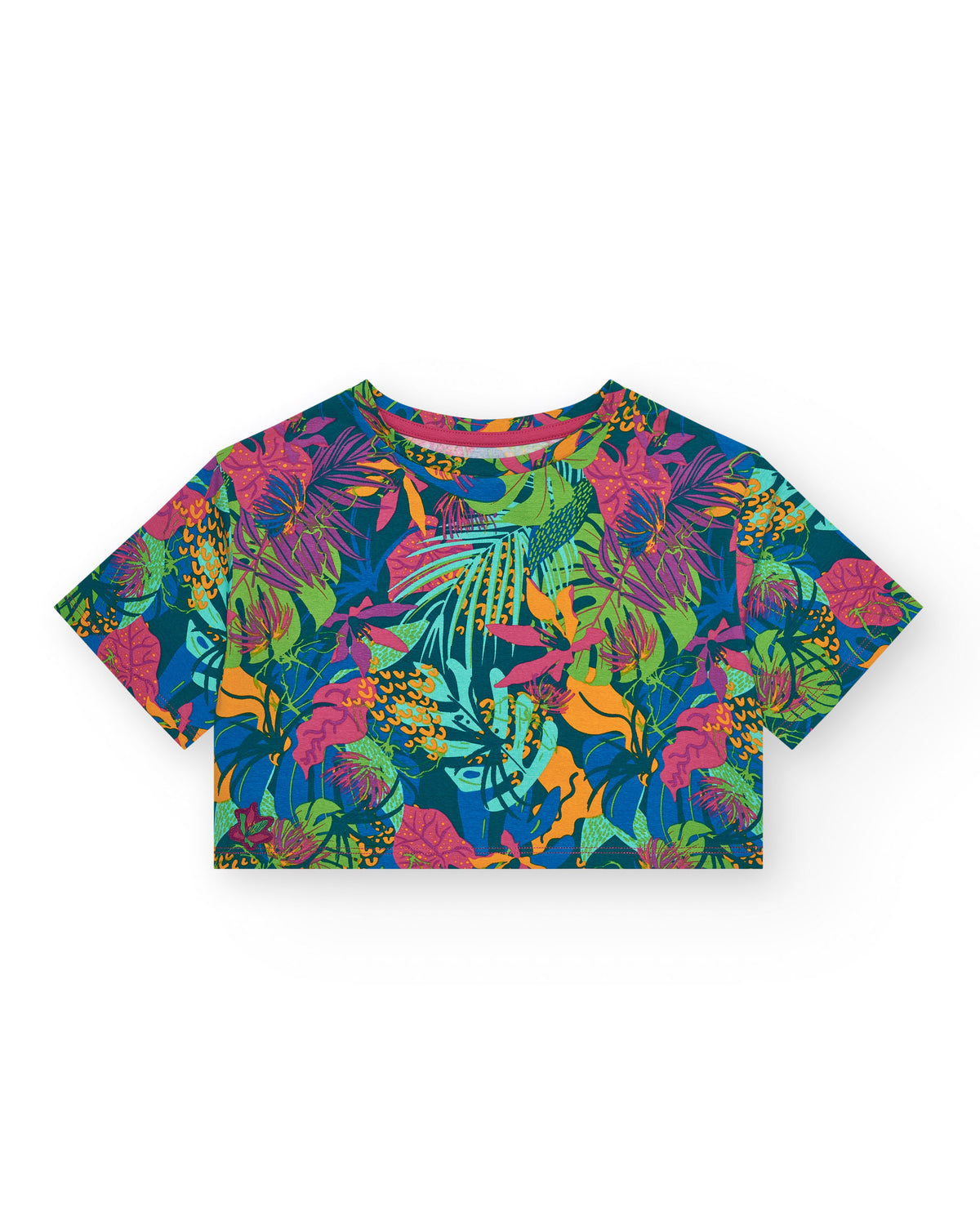 Camiseta para niña en azul de manga larga y estampado tropical