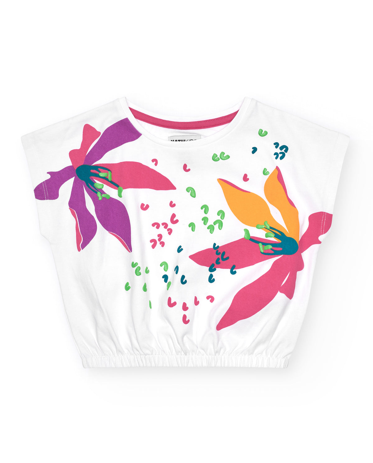 Camiseta para niña en blanco de manga corta y estampado floral