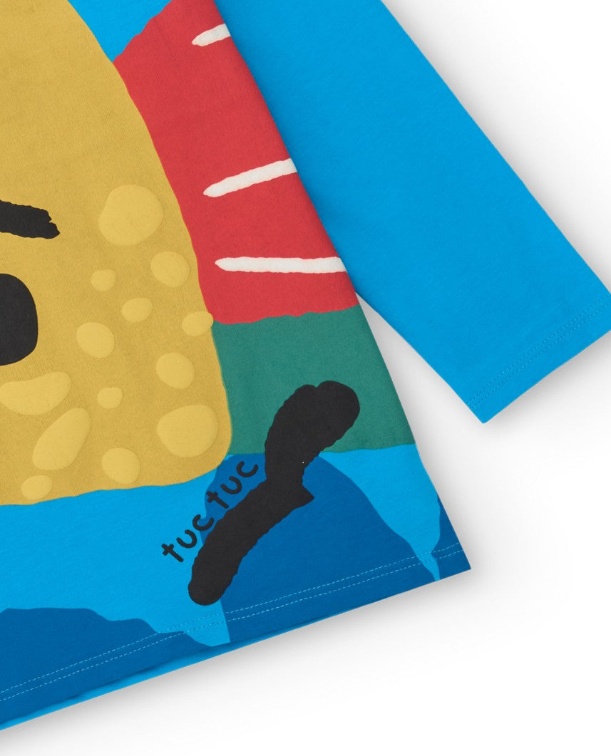 Camiseta de manga larga para niño en azul con estampado de pez