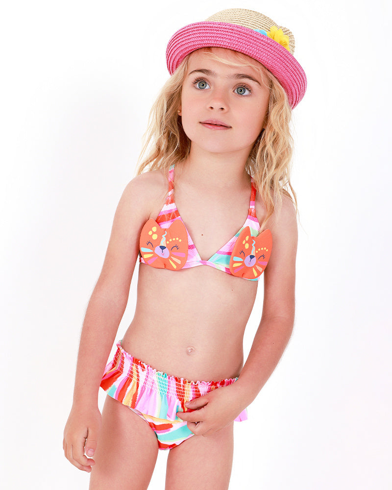 Bikini naranja para niña con cara de gato y tirantes ajustables