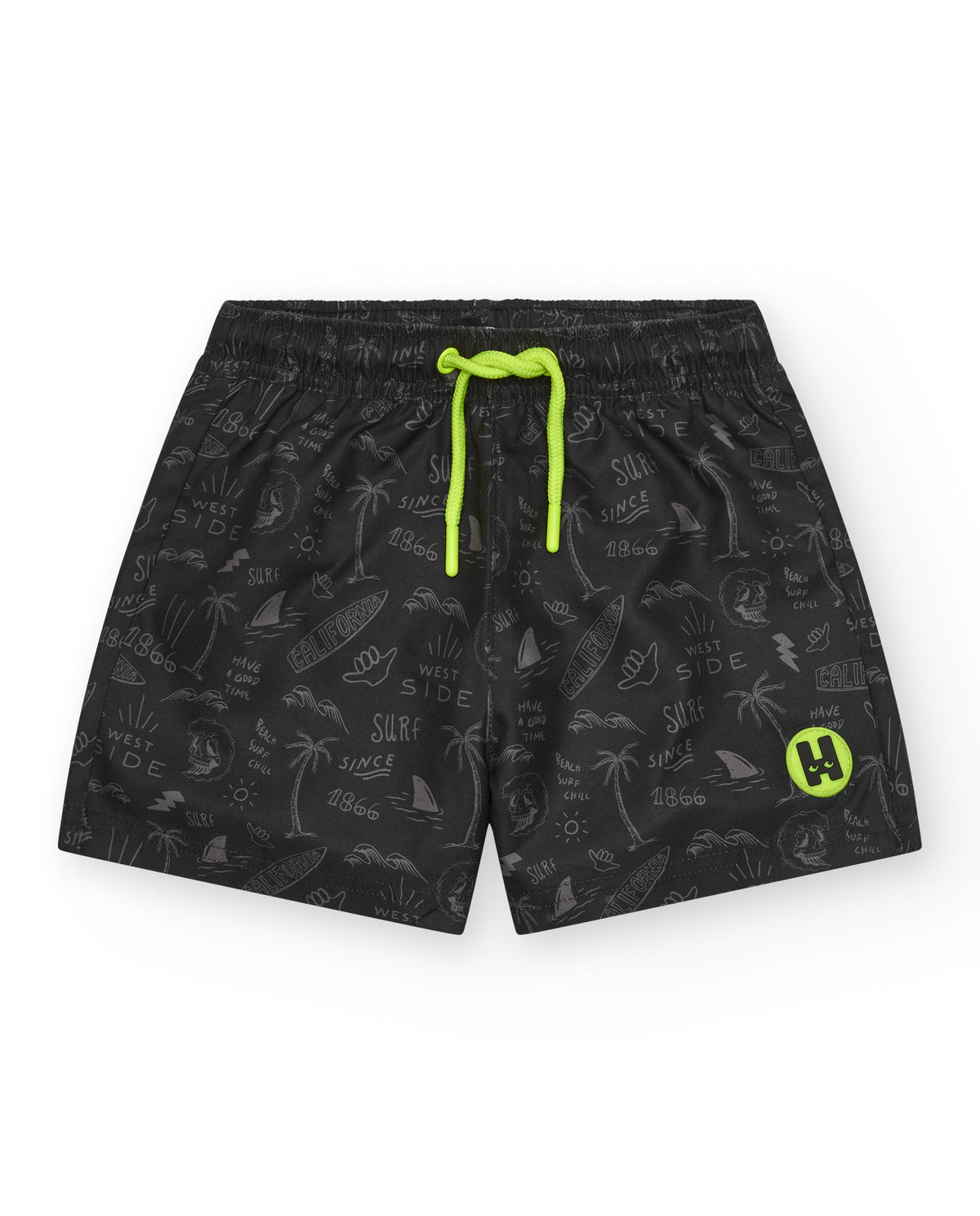 Bañador para niño en negro con estampado surfero y cordón flúor.