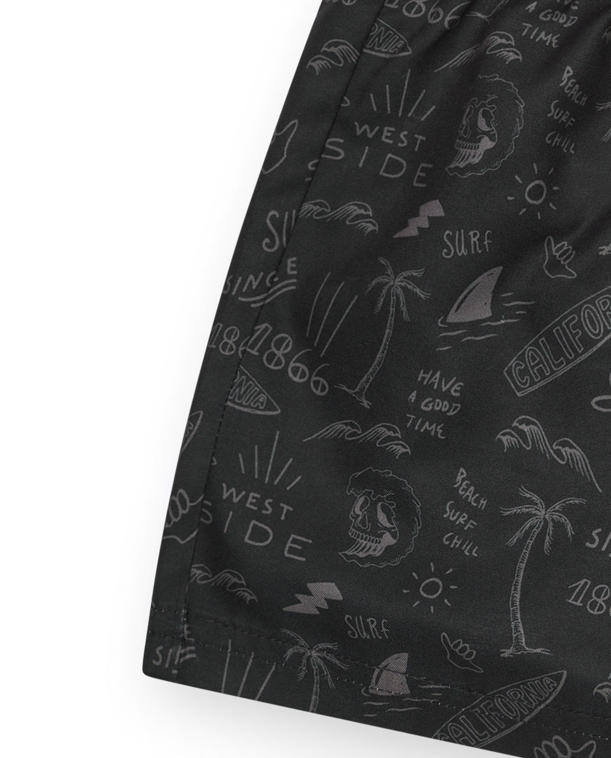 Bañador para niño en negro con estampado surfero y cordón flúor.