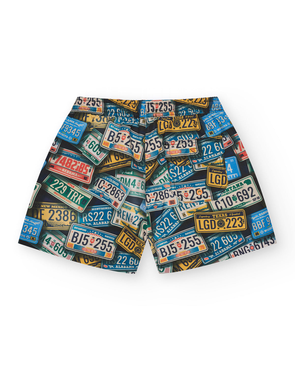 Bañador para niño multicolor con estampado de matrículas y cintura ajustable.