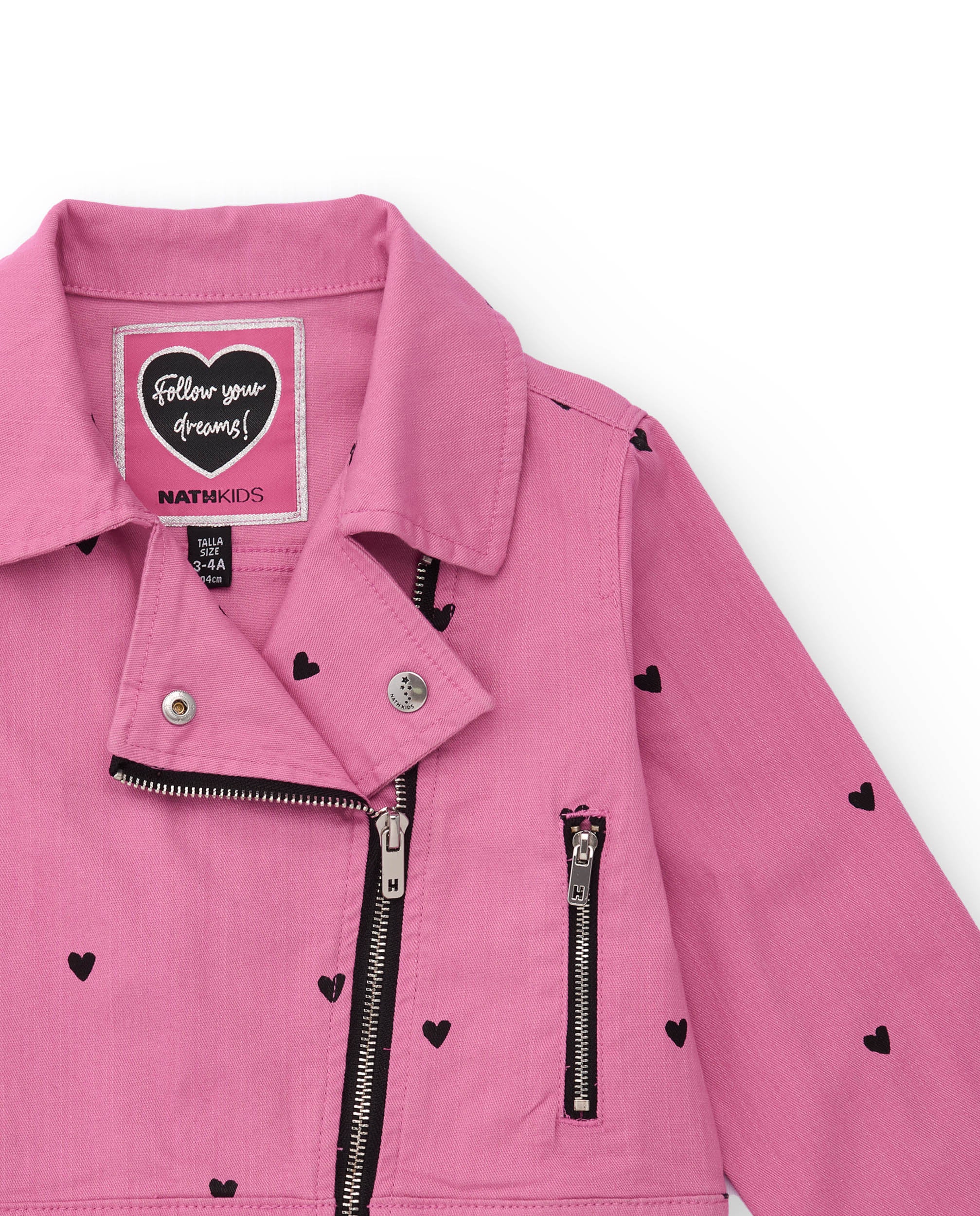Cazadora biker niña en rosa con estampado de corazones