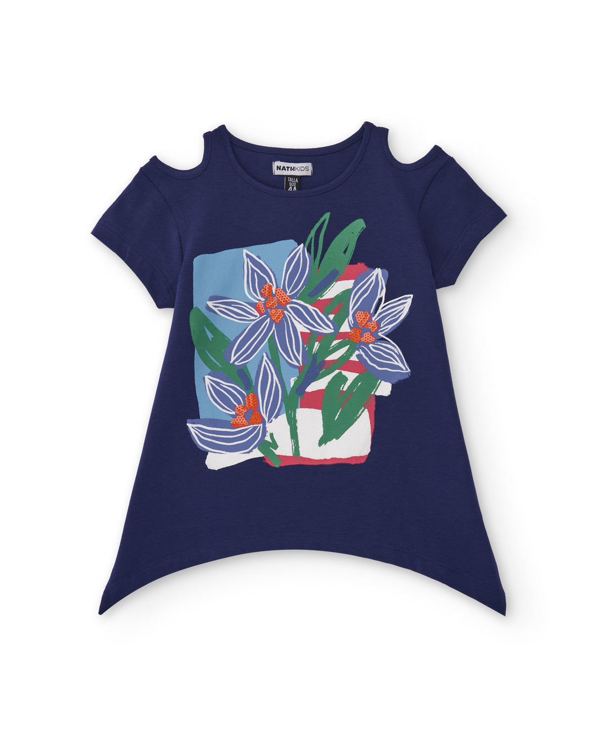 Camiseta niña en azul marino con hombros descubiertos y estampado floral