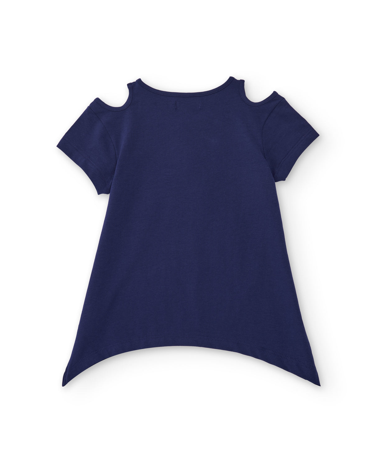 Camiseta niña en azul marino con hombros descubiertos y estampado floral