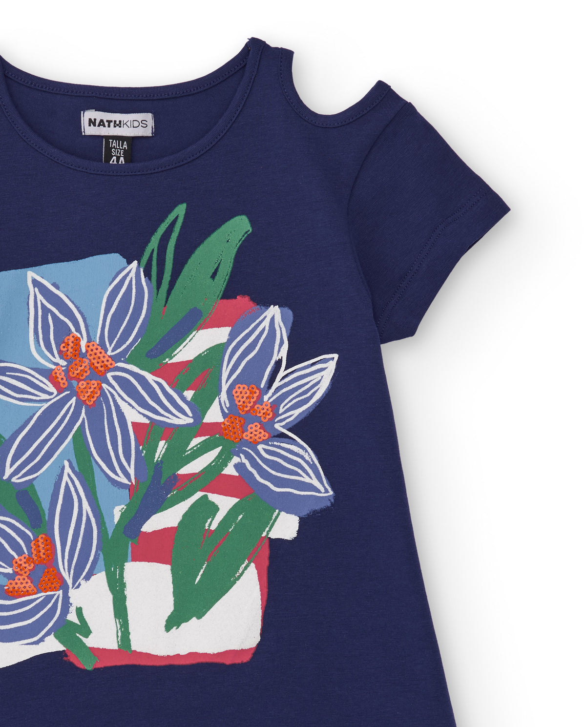 Camiseta niña en azul marino con hombros descubiertos y estampado floral