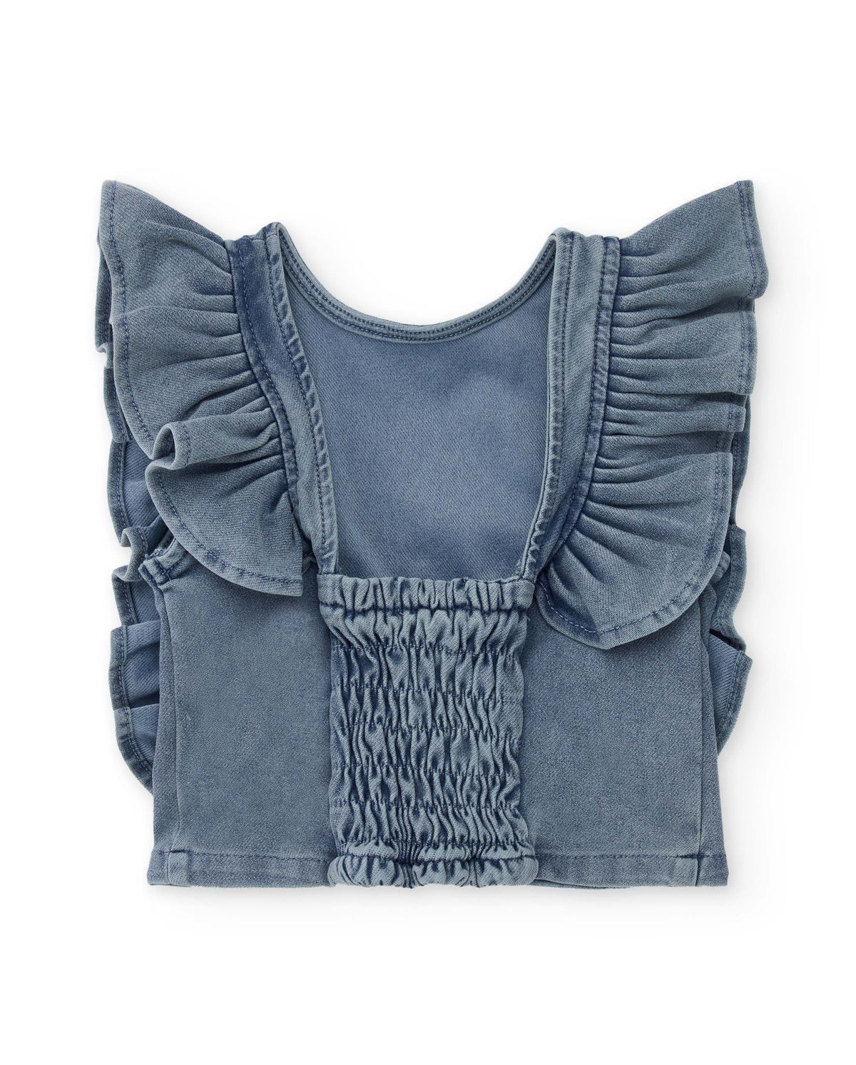 Blusa niña en denim azul con volantes en los hombros