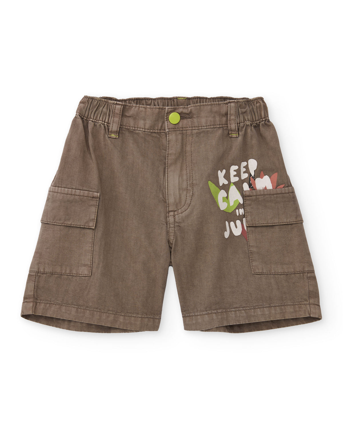 Bermuda cargo de niño en color caqui con estampado frontal