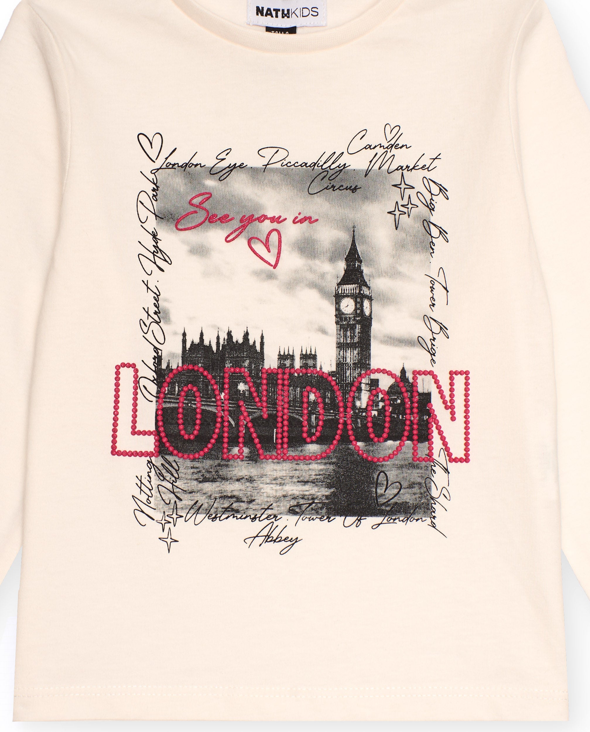 Camiseta de manga larga para niña color crudo con estampado de