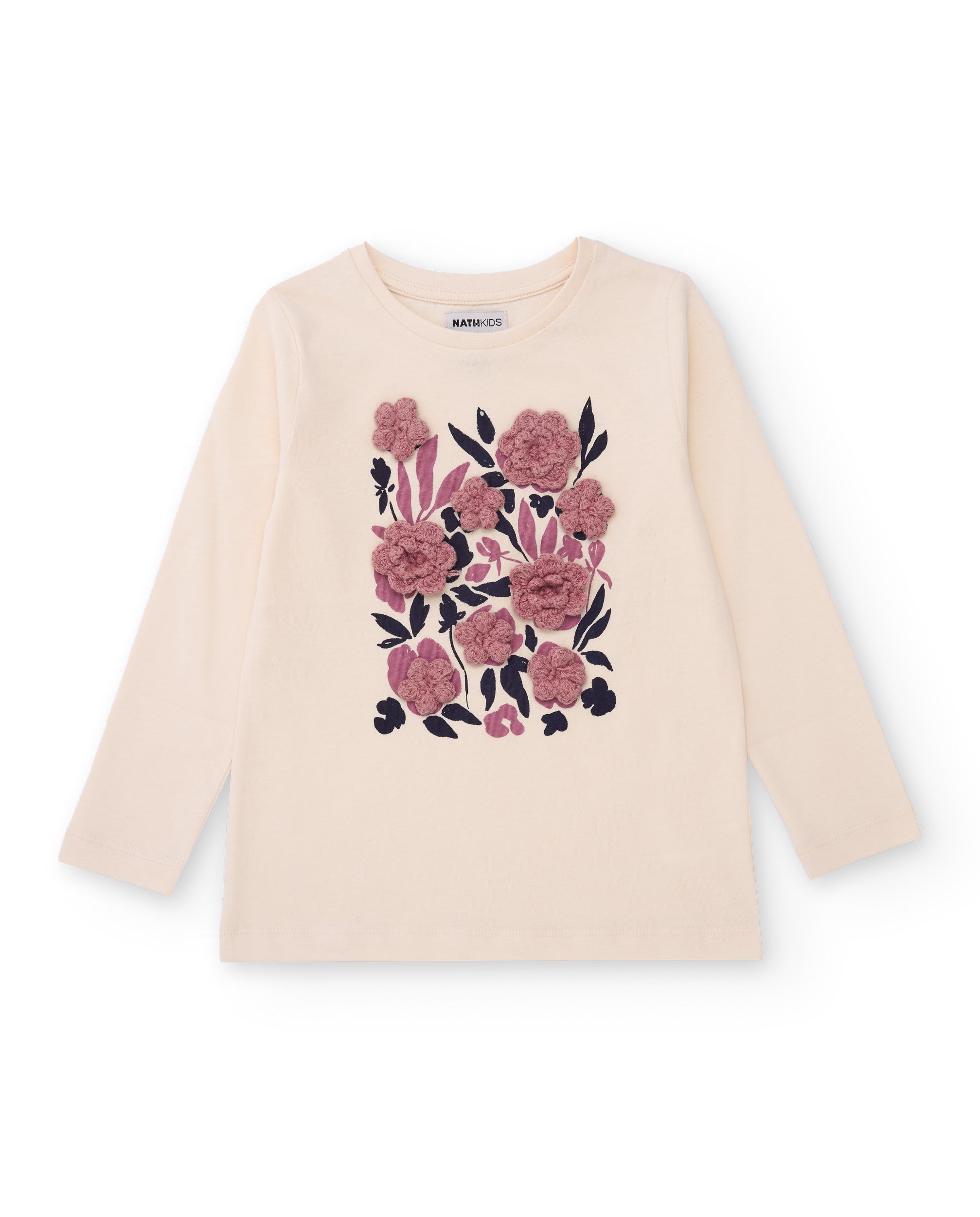Camiseta de manga larga para niña color crudo con apliques