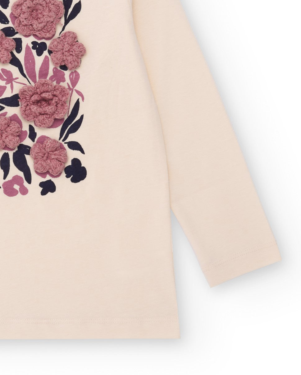 Camiseta de manga larga para niña color crudo con apliques