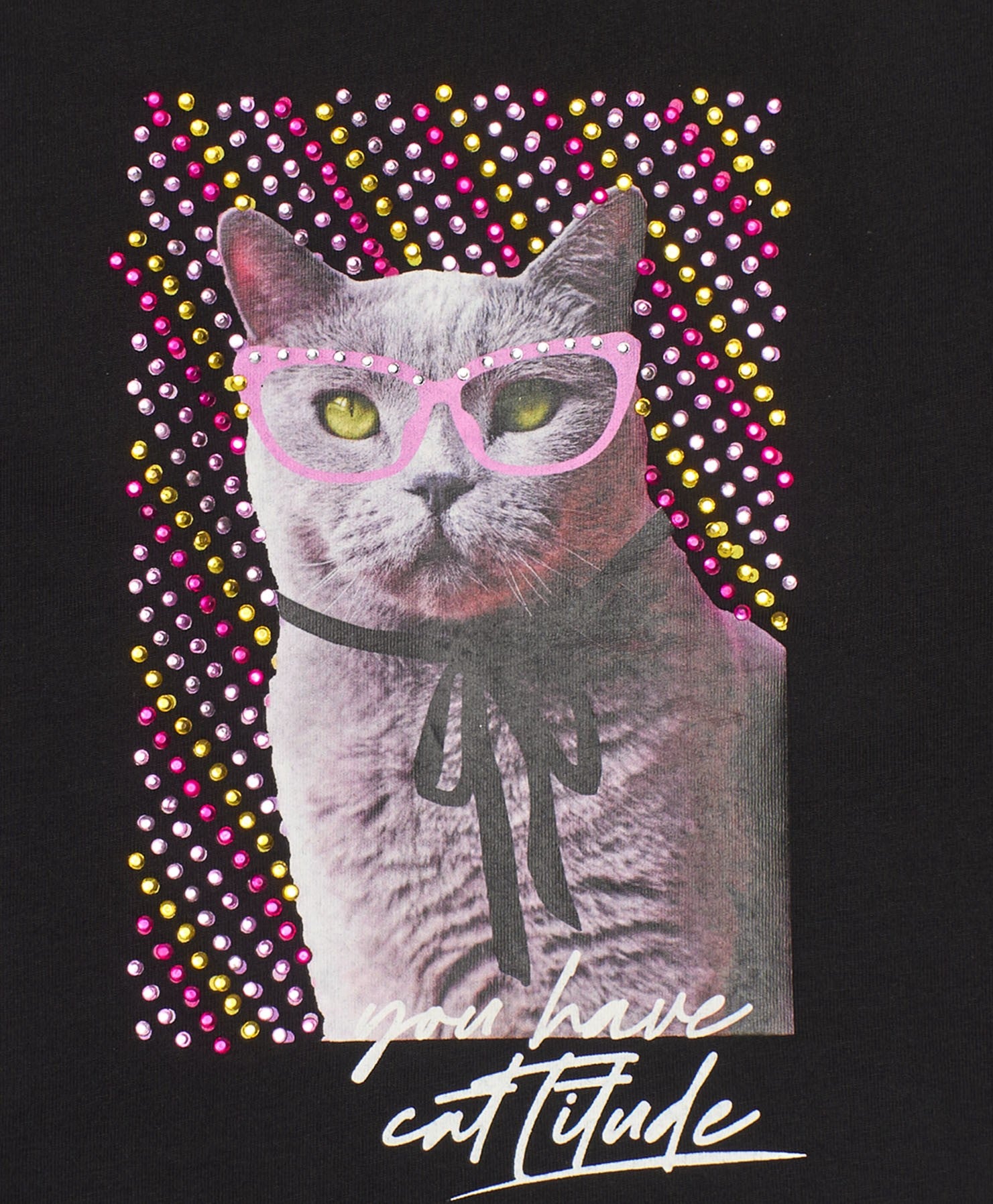 Camiseta de manga larga negra para niña con estampado de gato