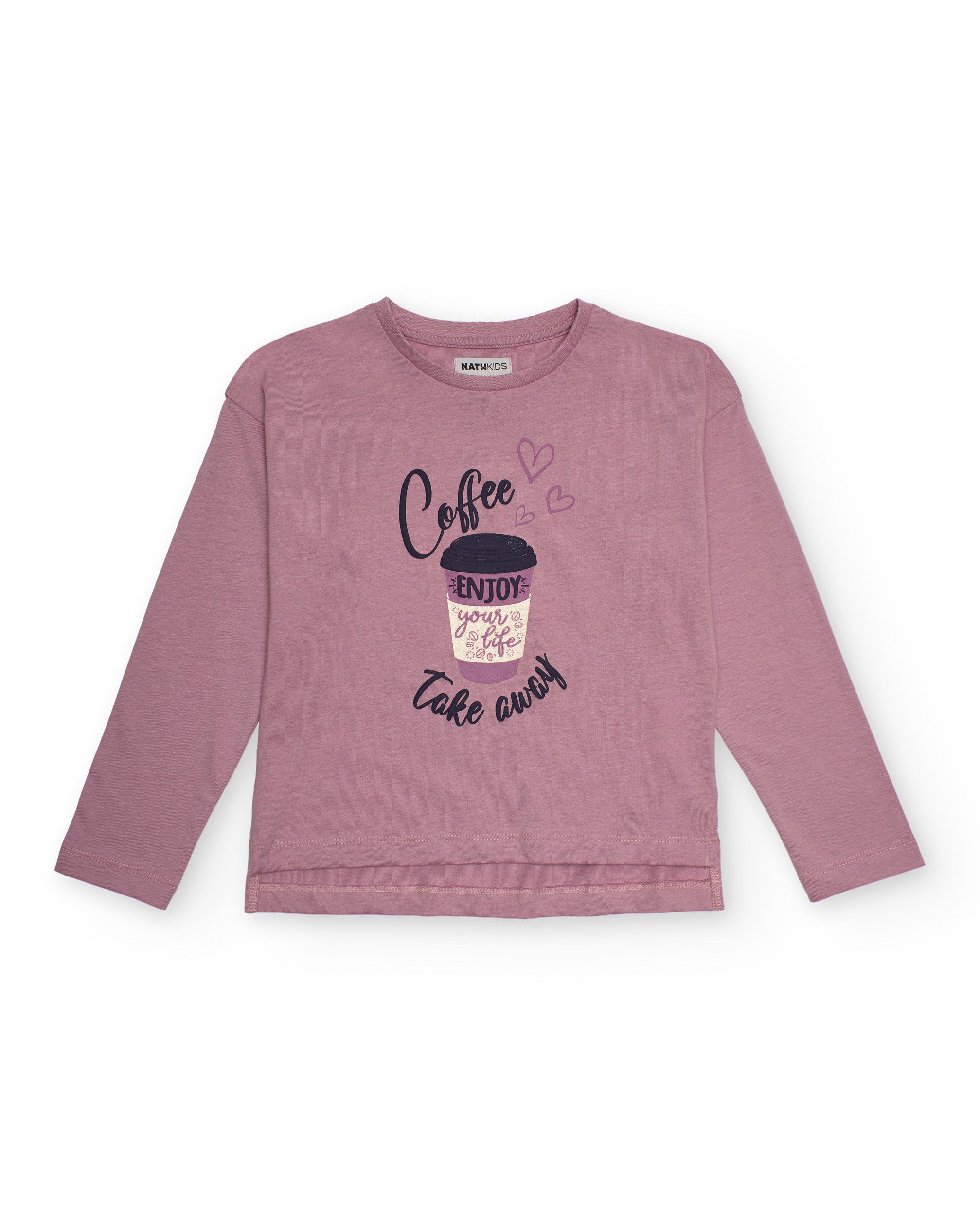 Camiseta de manga larga rosa con estampado de vaso de café