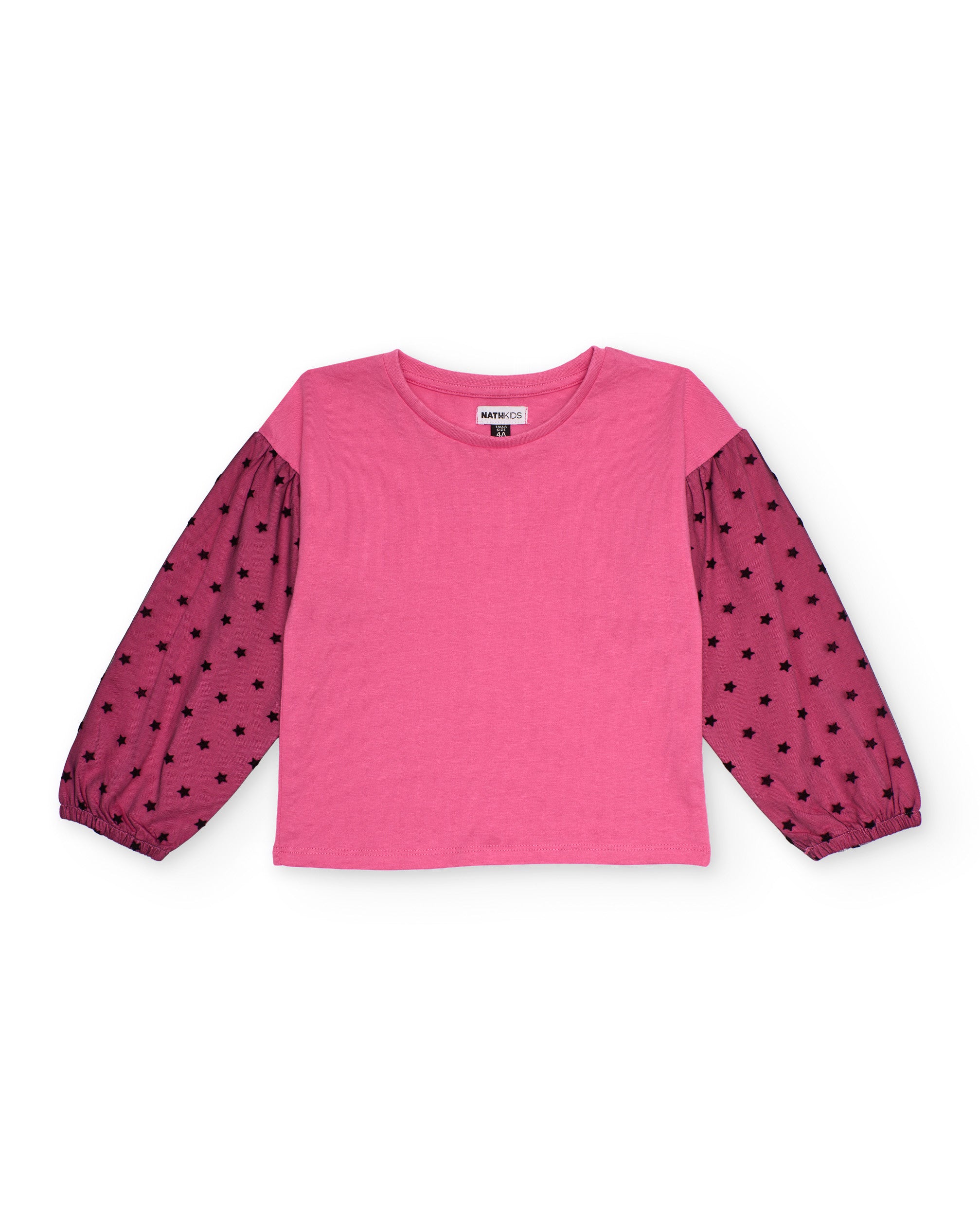 Camiseta rosa para niña con mangas de tul estampadas