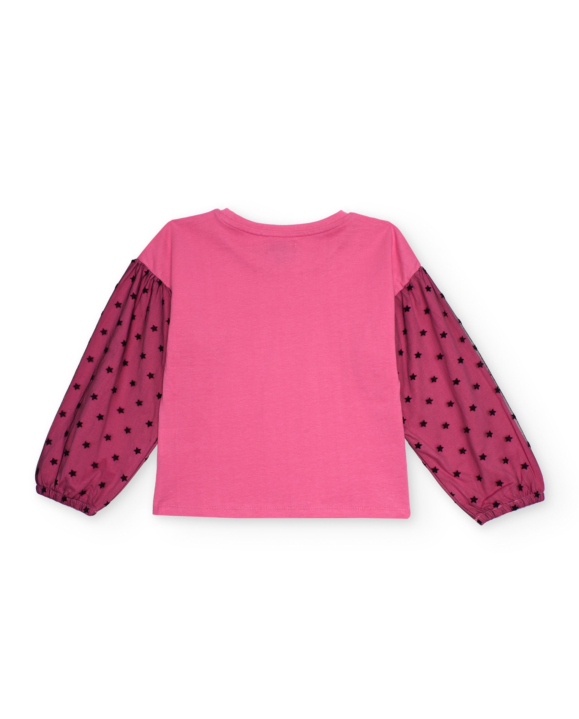 Camiseta rosa para niña con mangas de tul estampadas