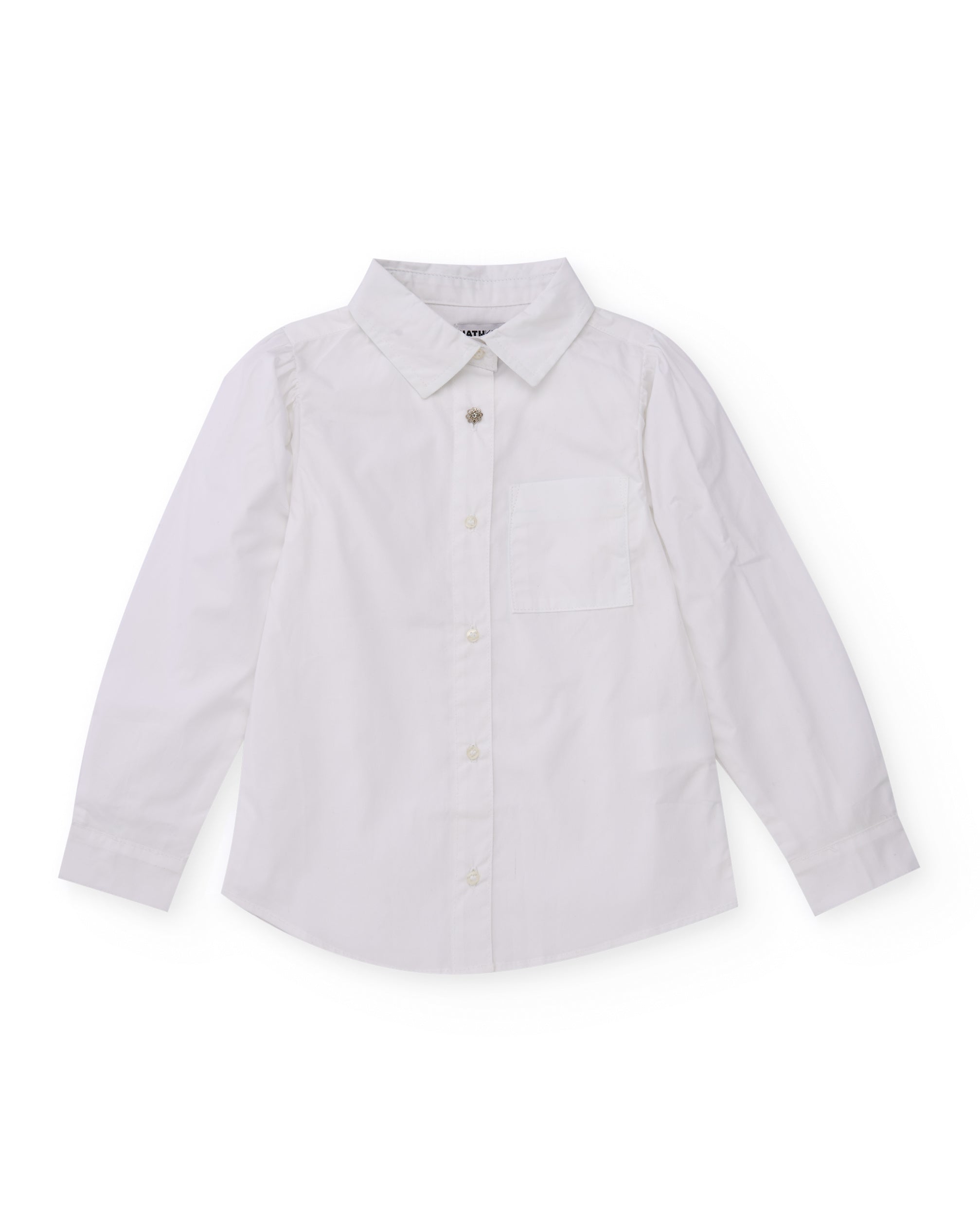 Camisa blanca de manga larga para niño con bolsillo y botón