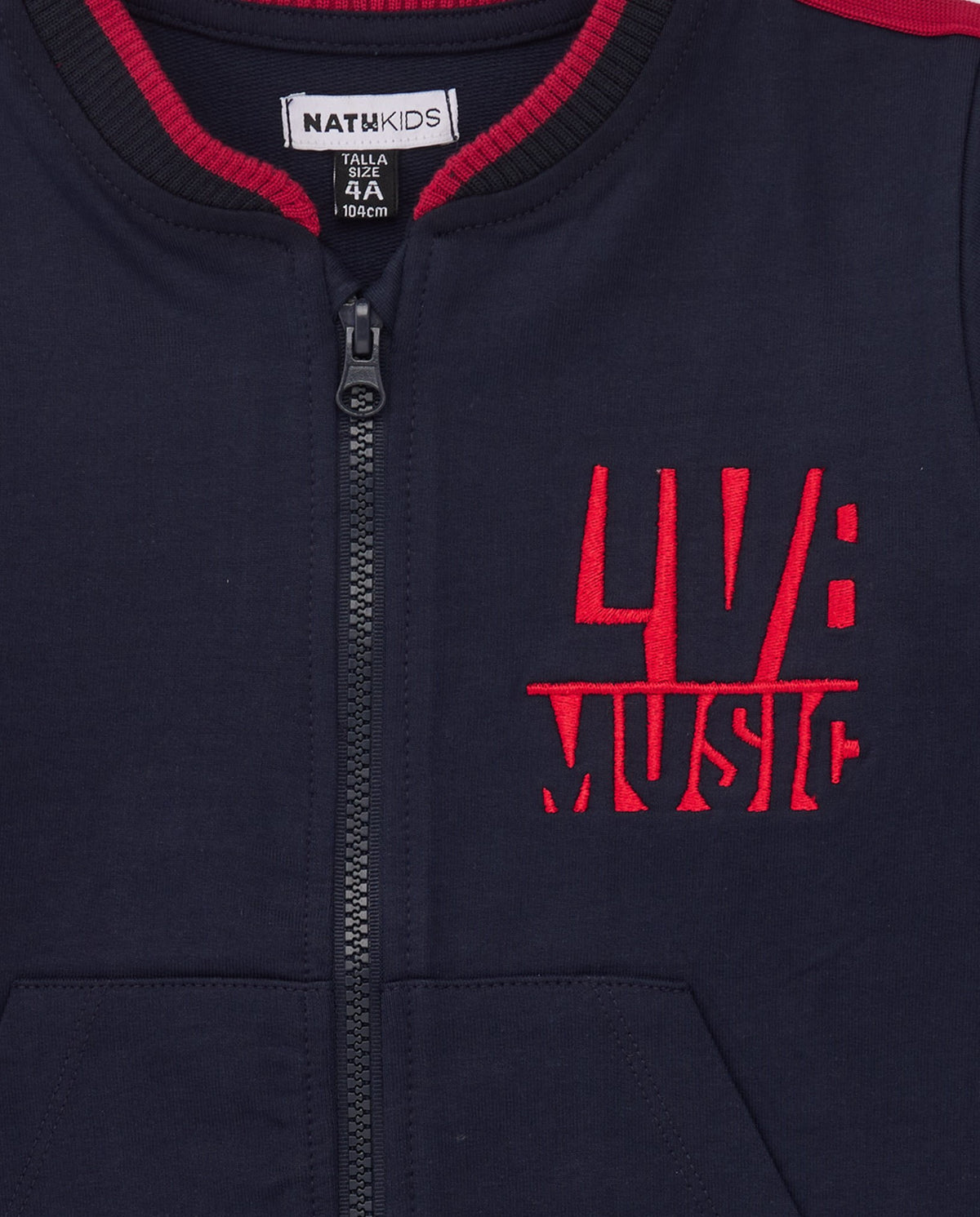 Chaqueta tipo bomber azul marino para niño con detalles en rojo