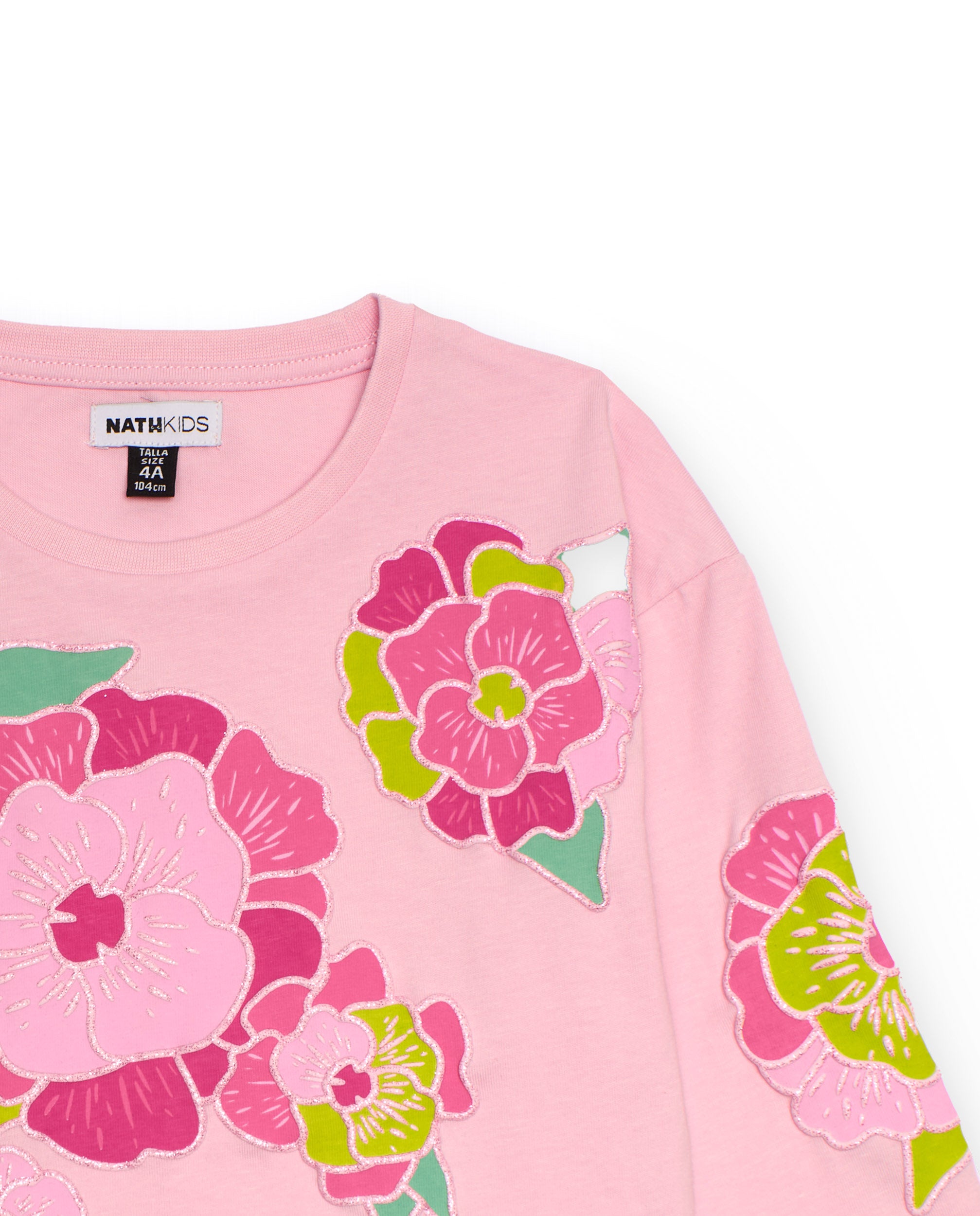 Camiseta de manga larga rosa con flores bordadas para niña