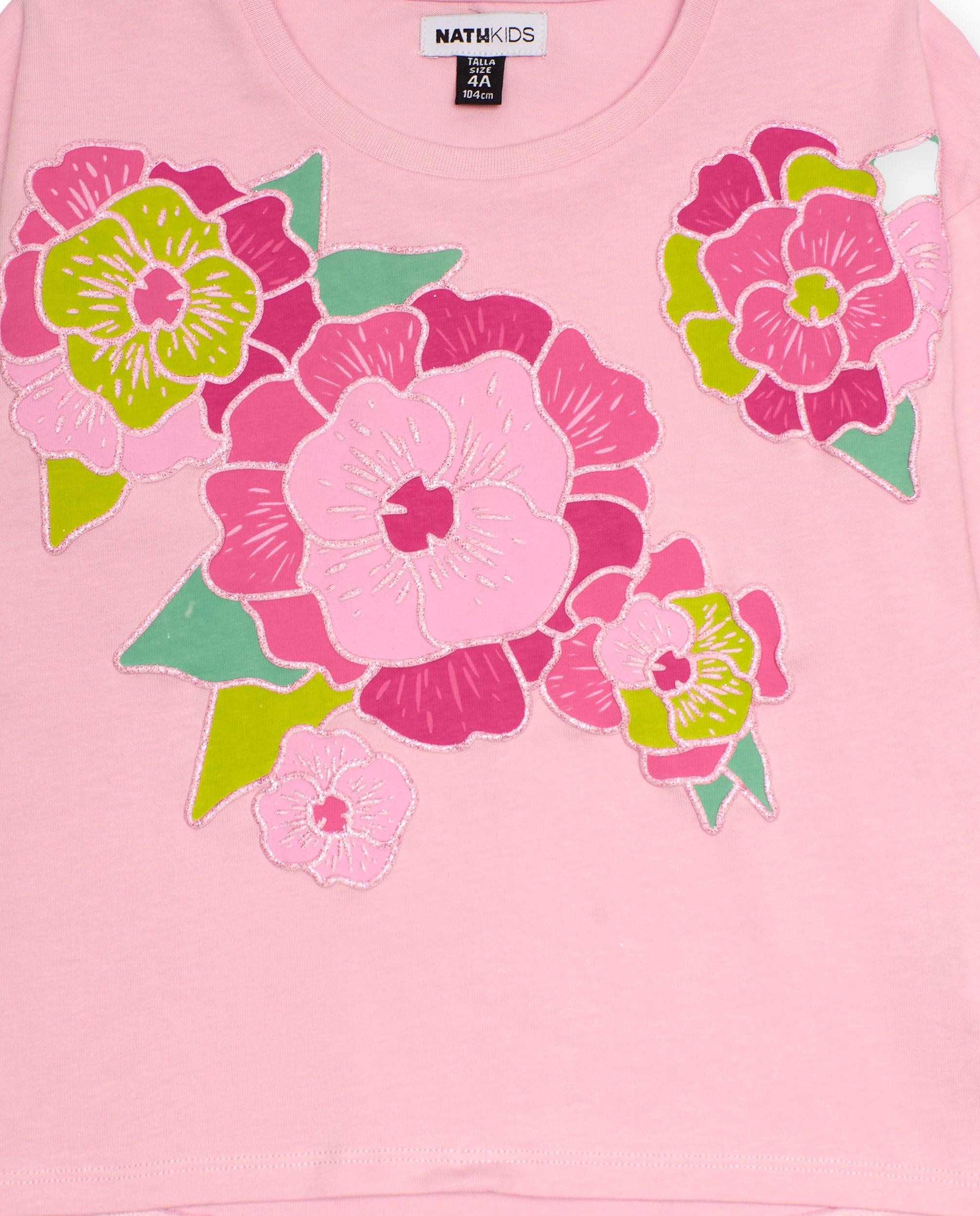 Camiseta de manga larga rosa con flores bordadas para niña